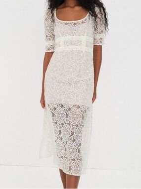 For Love & Lemons Marilyn Full Lace Ivory Midi Dress + Removable Slip Size L NWT